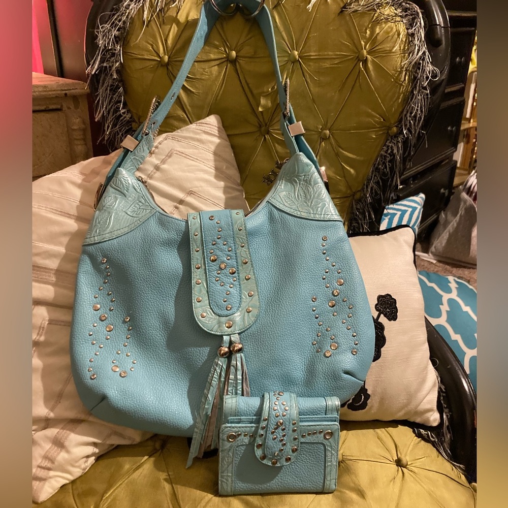 EUC Charm and Luck leather rhinestone studded bag WITH matching wallet 100$ obo